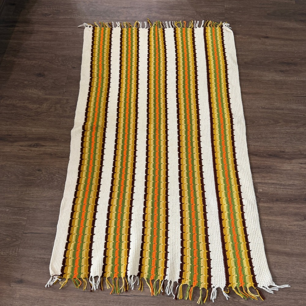 Handmade Crochet Afghan Throw Blanket MCM Boho Retro Striped Fringe Earthy 40x68 - Picture 2 of 7